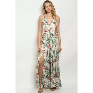 Promesa Ivory Floral Split Leg Spaghetti Strap Jumpsuit [New]